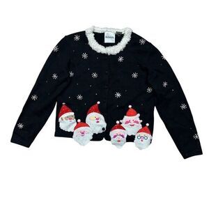 Arriviste Women's Black Christmas Santa Felt Applique Cardigan Sweater M Vintage